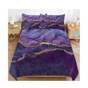 Purple Marble Bedding Set Abstract Gold Comforter 84x75 (Full) 2 Pillow Cases